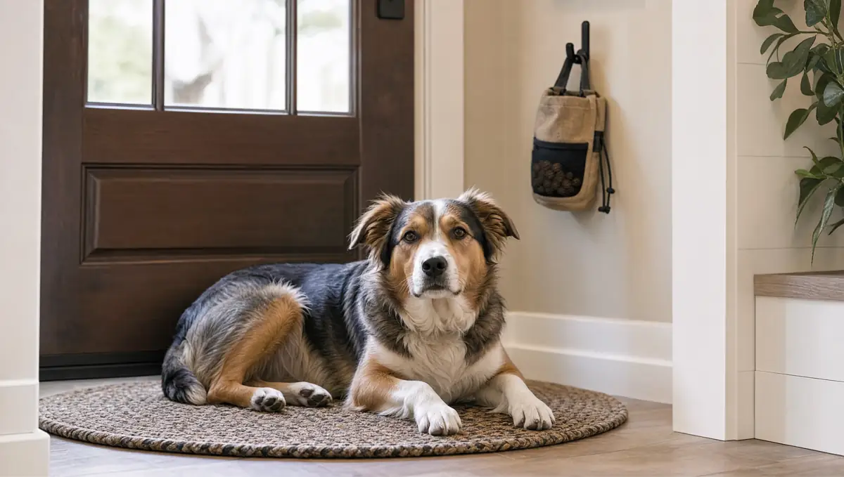 Calm dog resting on a rug near a living room window with the blinds partly closed