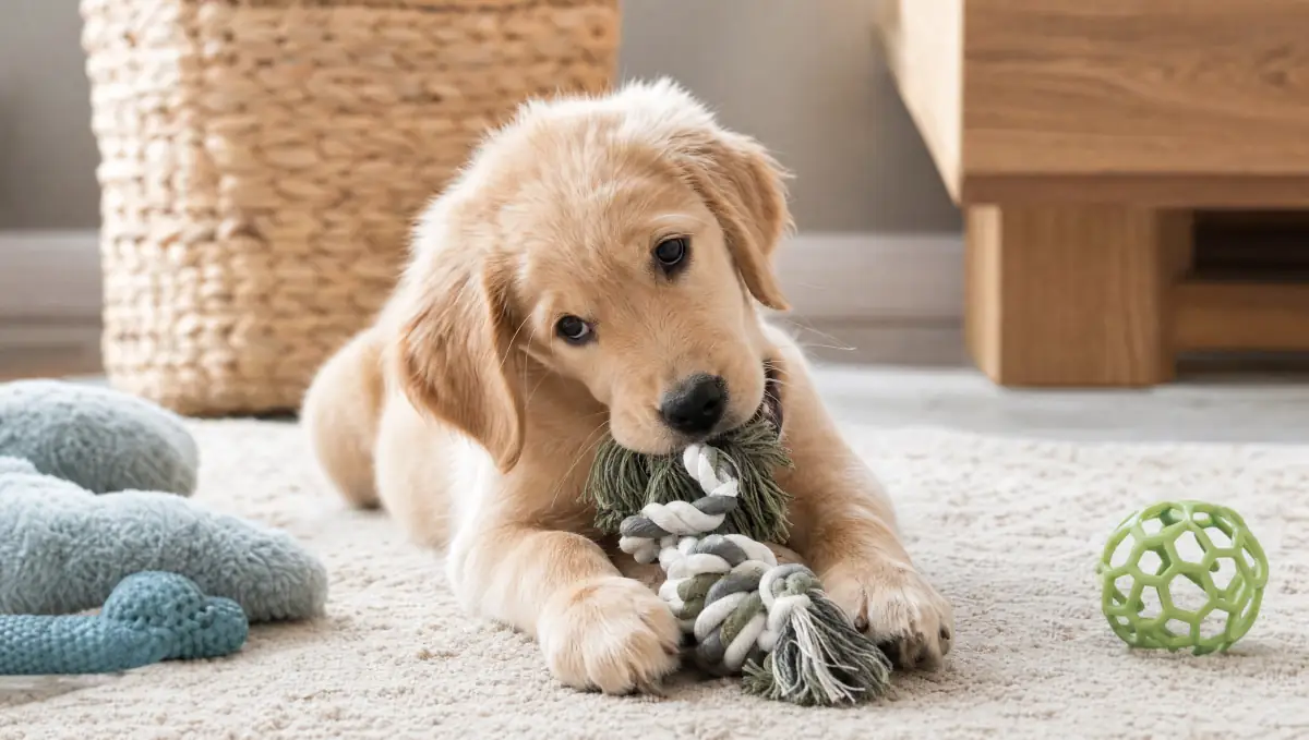Puppy chewing a rope tug toy on a rug in a bright living room