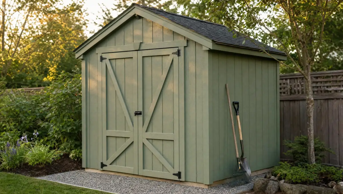 Newly built wooden garden shed with paper blueprints and tools on a workbench in front
