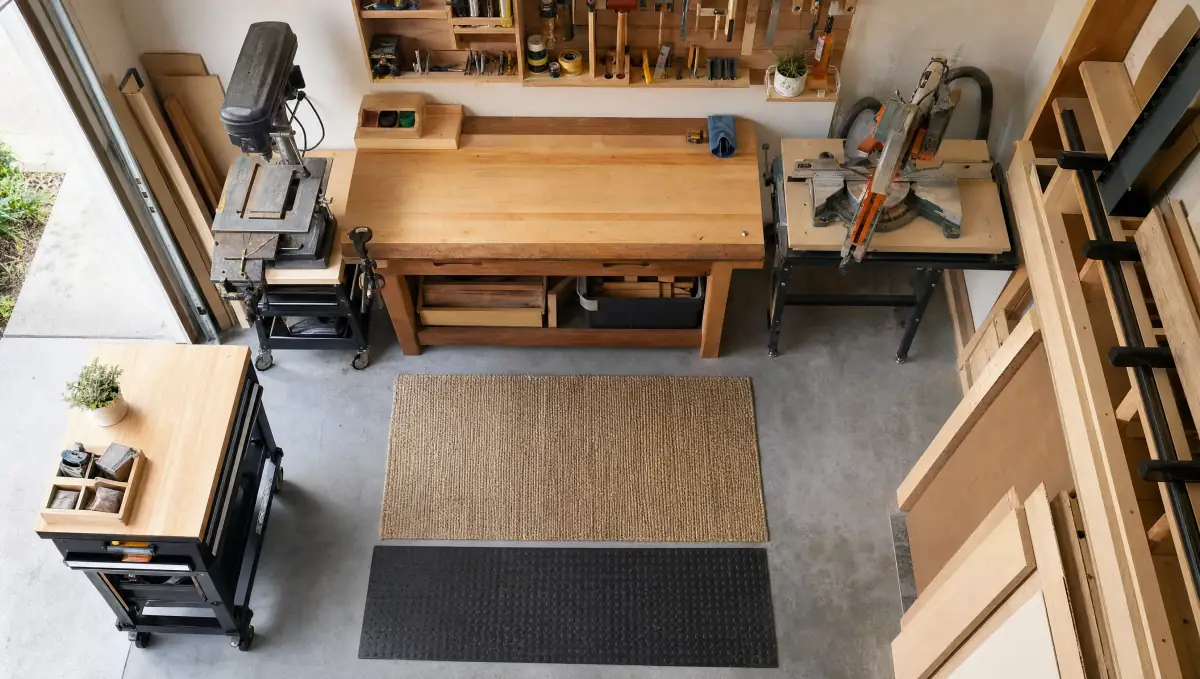 Compact garage woodworking shop with workbench, tool wall and mobile tools