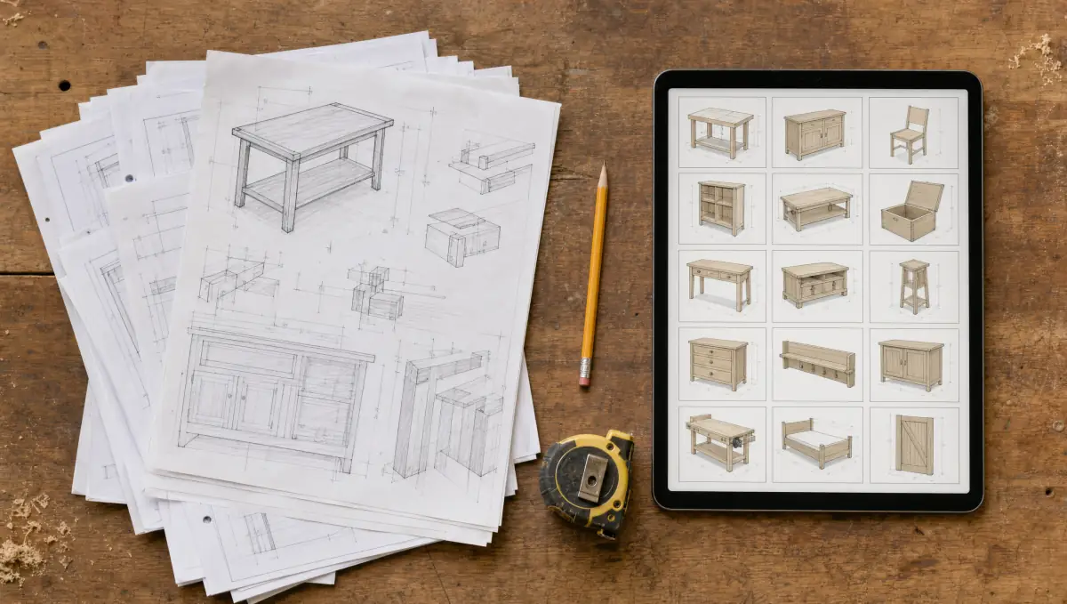 Overhead flat lay of printed woodworking plan sheets next to a tablet showing plan thumbnails on a workbench