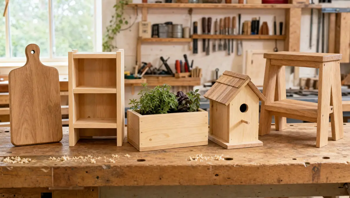Beginner woodworking projects including a cutting board, crate and birdhouse on a workbench