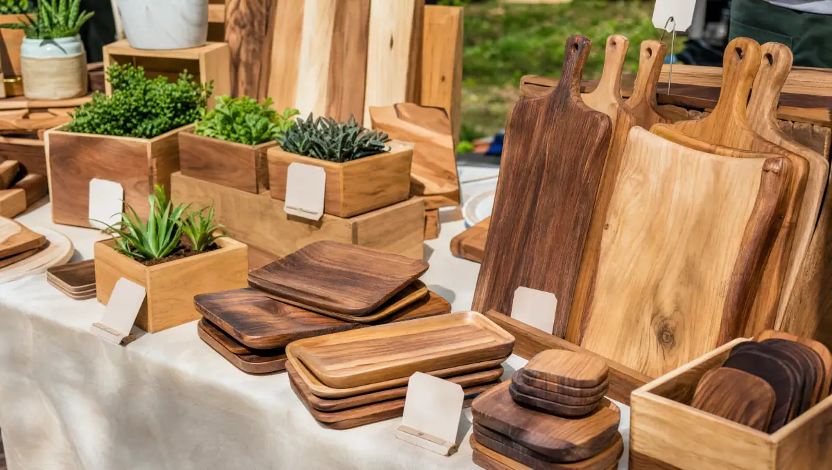 Outdoor craft fair table displaying handmade wooden cutting boards, serving trays, cedar planters and coasters