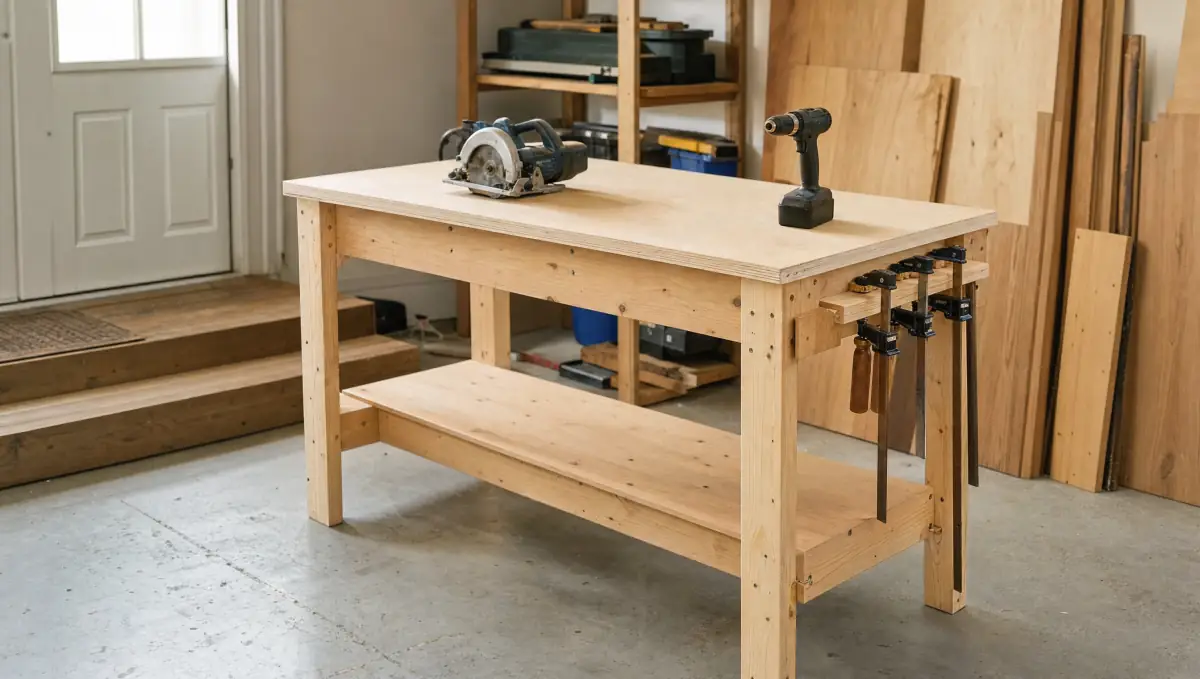 Simple sturdy 2x4 workbench with plywood top in a clean garage with a circular saw and drill
